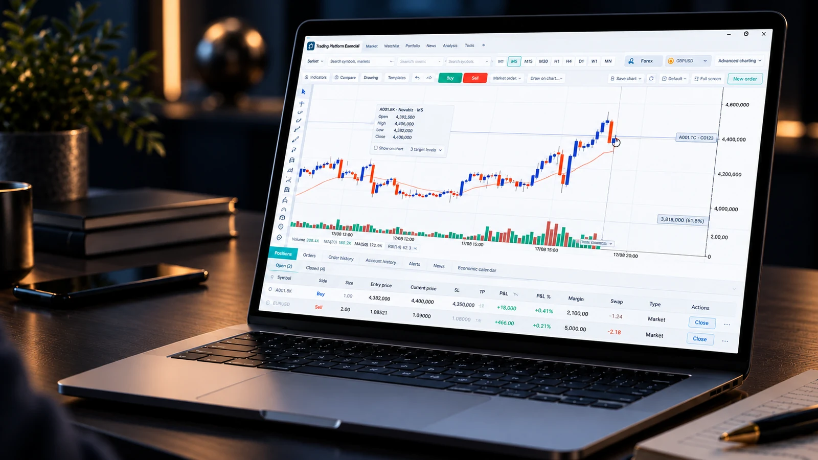 Laptop con grafico TradingGym su una scrivania professionale in ambiente scuro